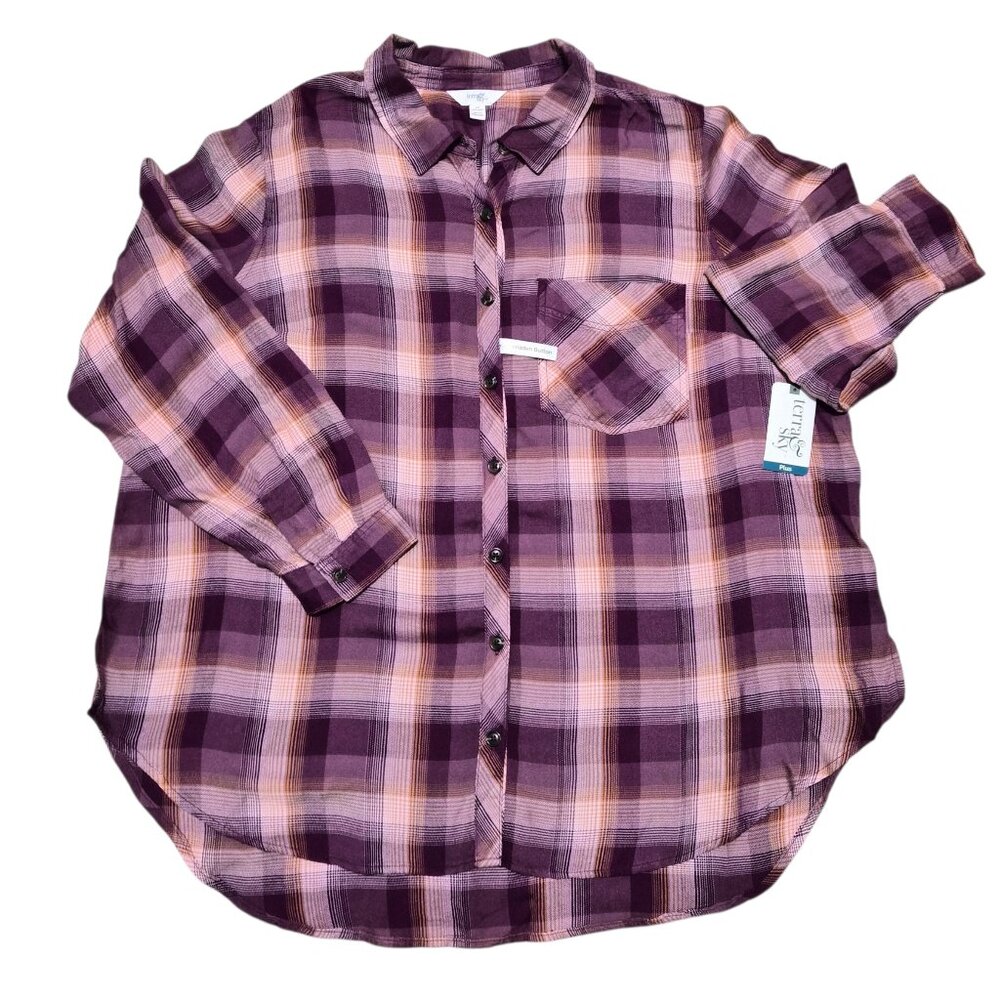 Terra & Sky Women's Plus Button Down Shirt Plaid Long Sleeve Size 1X, 2X Purple - Picture 1 of 12